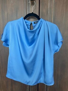 Zara Cerulean Draped Short-Sleeve Satin Blouse